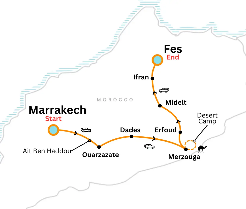 map for 3 days from marrakech to fes