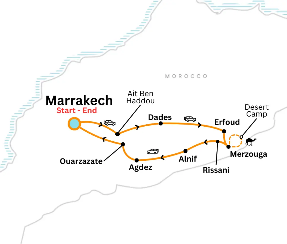 map for 3 days to merzouga desert from marrakech