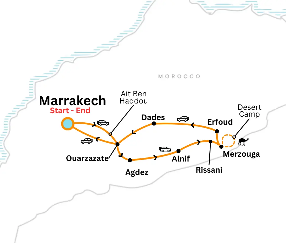 map for 4 days from marrakech to merzouga