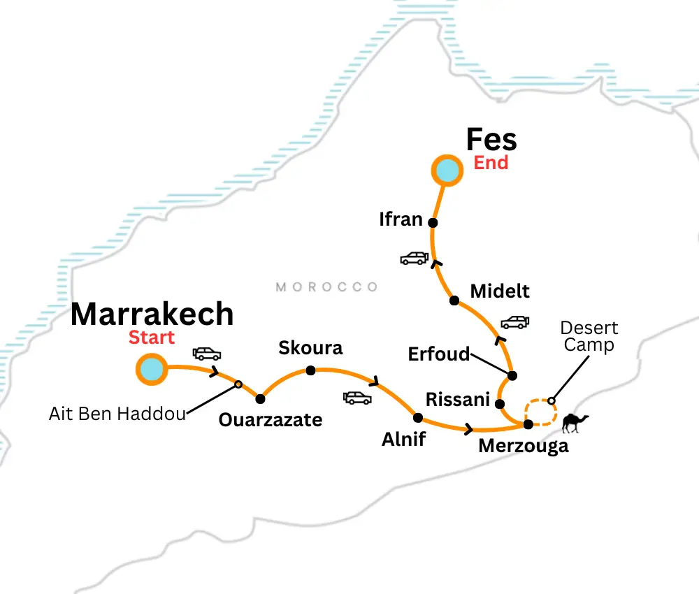 map for 5 days from marrakech to fes