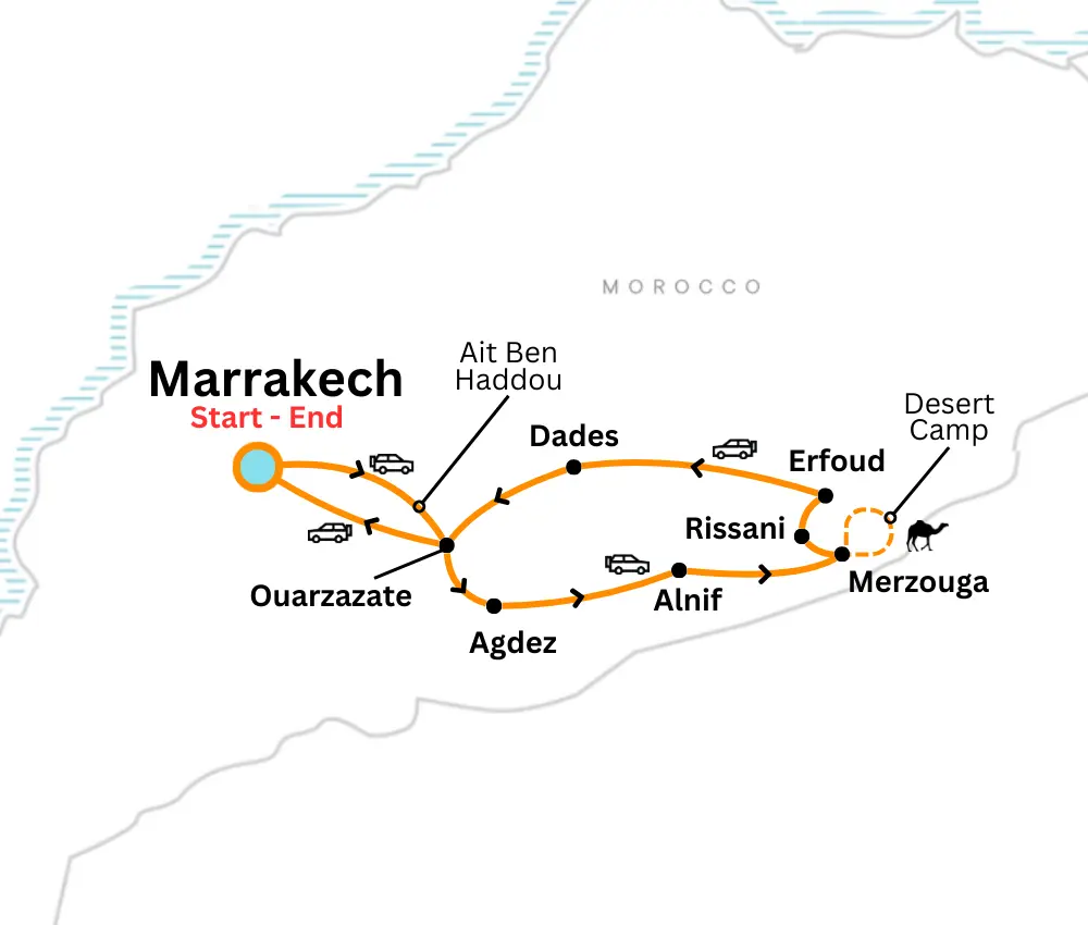 map for 5 days from marrakech to merzouga