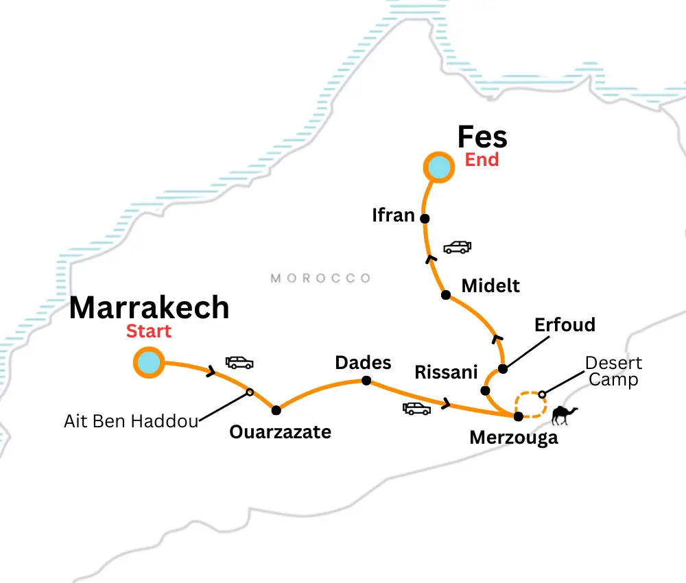 map for 4 days from marrakech to fes