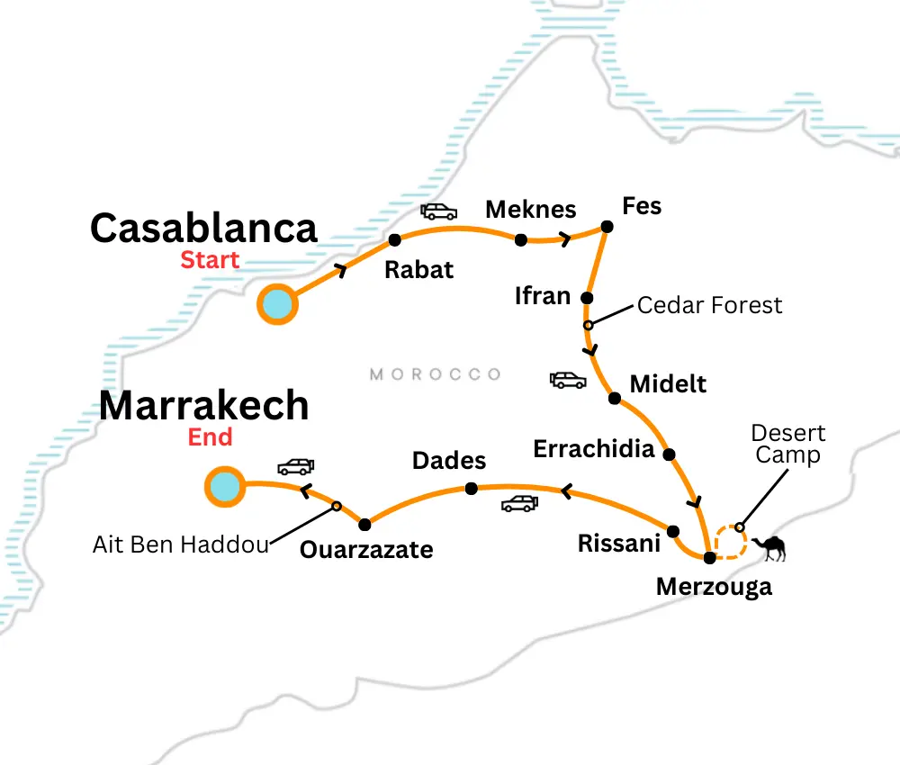 Map for 5 days Itinerary from Casablanca