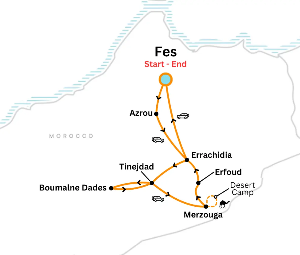 4 days tour from fes to merzouga Map