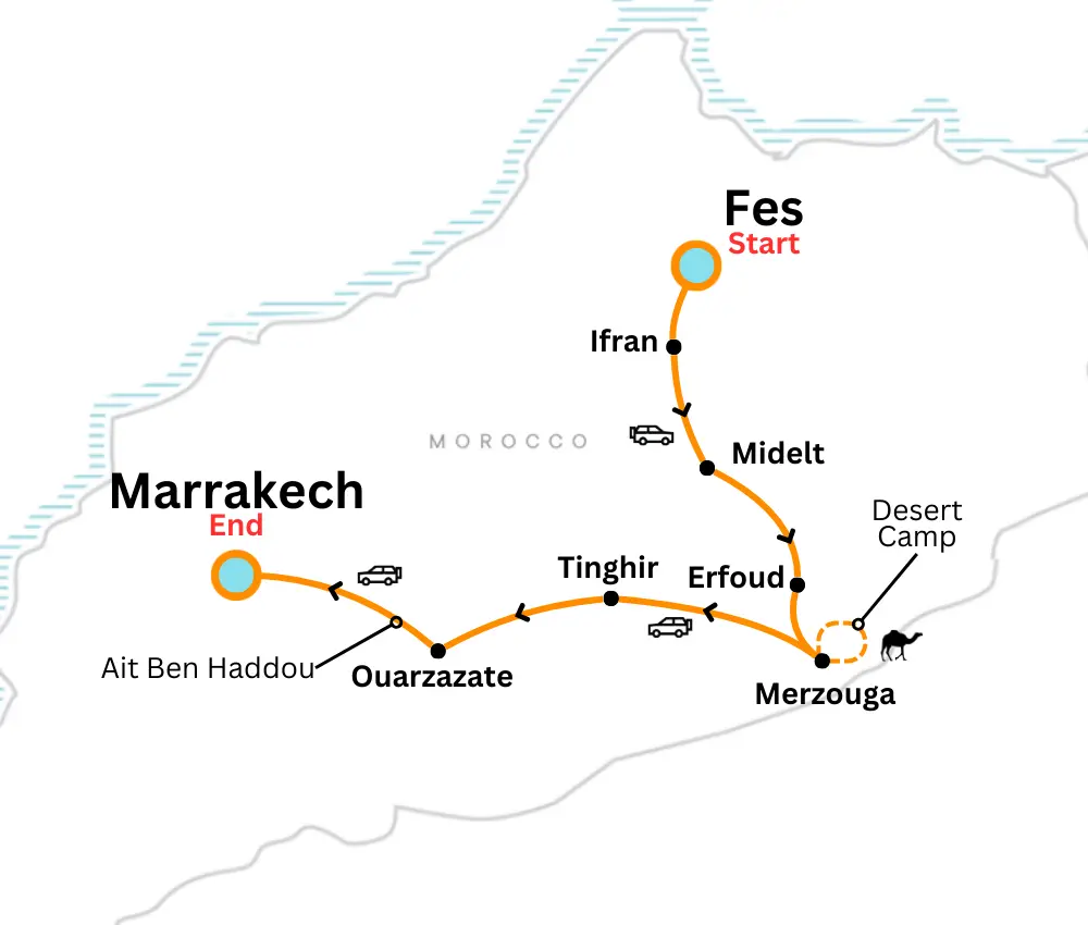 fes to marrakech desert tour for 2 days