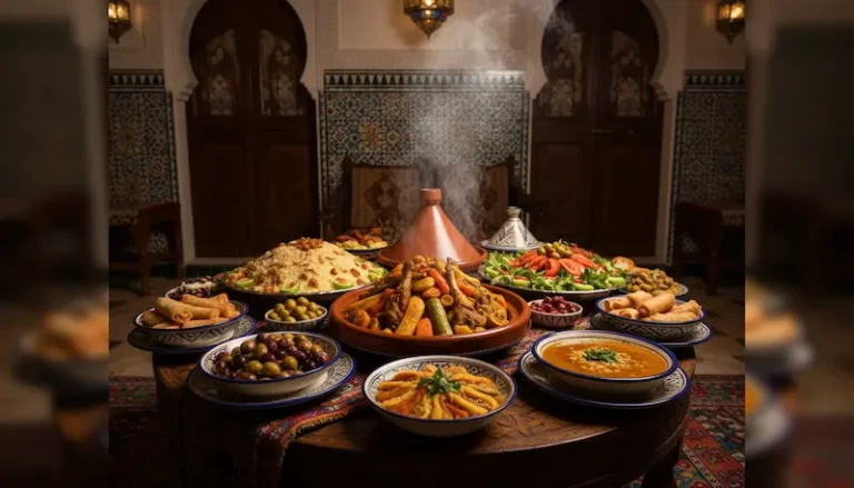 A beautifully arranged Moroccan dining table filled with vibrant authentic Moroccan cuisine. In