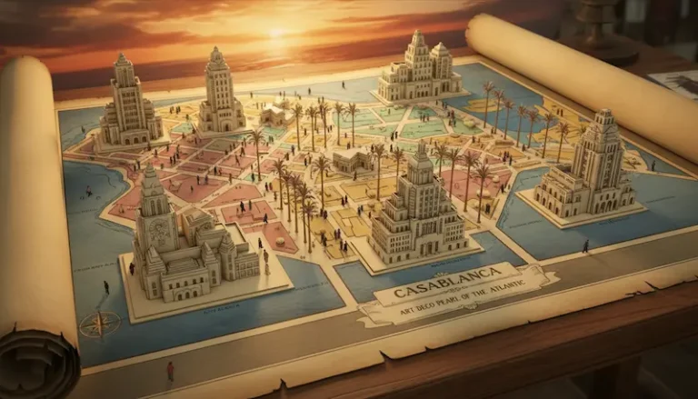 A beautifully detailed map of Casablanca featuring prominent Art Deco architecture. In the