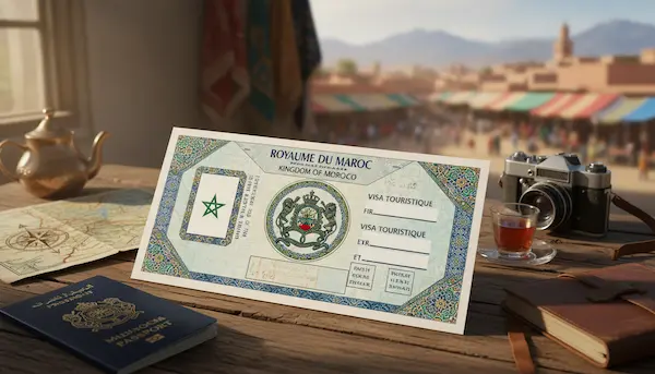 A detailed illustration of a Moroccan tourist visa on a wooden desk. The foreground features the