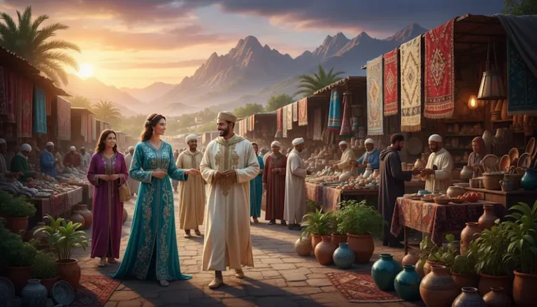 A diverse group of people wearing regional climate appropriate attire in Morocco situated in a