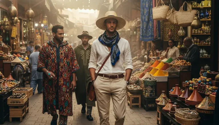 A group of three stylish male travelers each wearing practical and culturally respectful attire