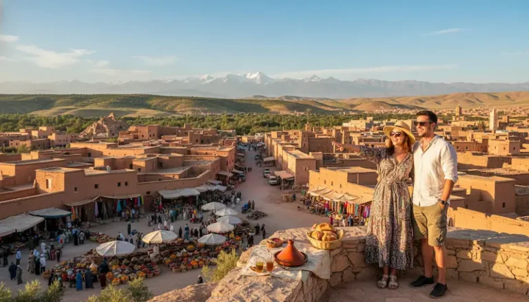A picturesque landscape depicting a day trip from Casablanca focusing on the vibrant Moroccan