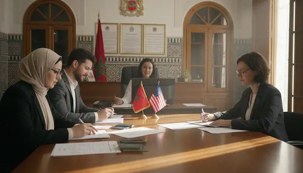 A professional setting depicting the Morocco visa extension process. In the foreground a