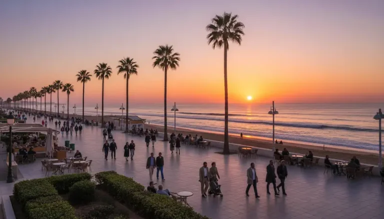 A scenic view of the Casablanca Corniche Waterfront at sunset capturing the vibrant atmosphere