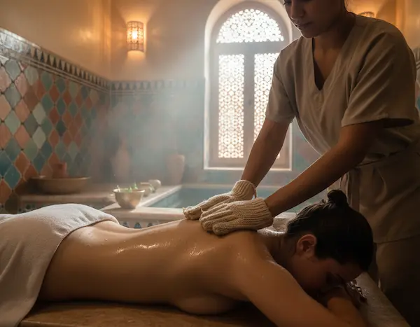 A serene Moroccan hammam setting showcasing the traditional exfoliation process. In the