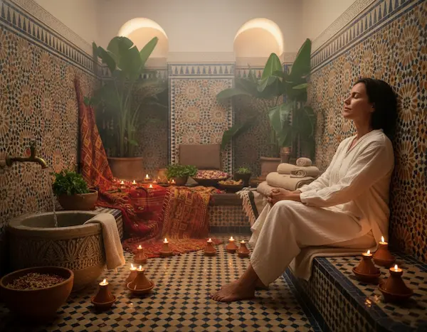 A serene Moroccan wellness treatment scene featuring a beautifully tiled hammam room adorned