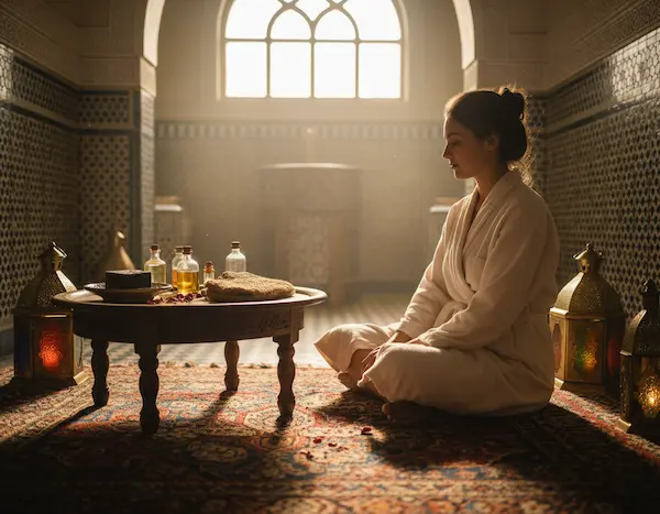 A serene and inviting Moroccan hammam preparation scene. In the foreground a young woman