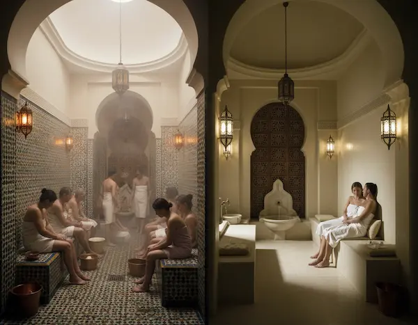 A split scene illustrating the differences between a public and private Moroccan hammam. On the