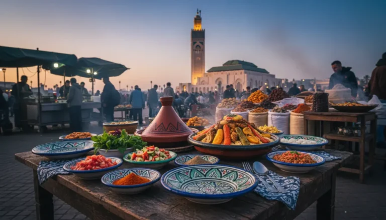 A vibrant Moroccan food scene in Casablanca featuring a beautifully arranged table with