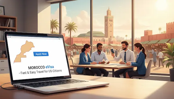A vibrant digital illustration showcasing the Morocco eVisa system. In the foreground a modern