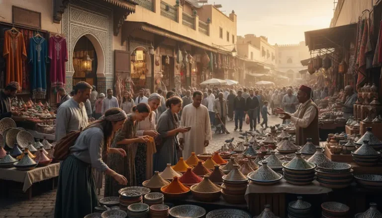 A vibrant market scene in Casablanca showcasing colorful stalls filled with traditional