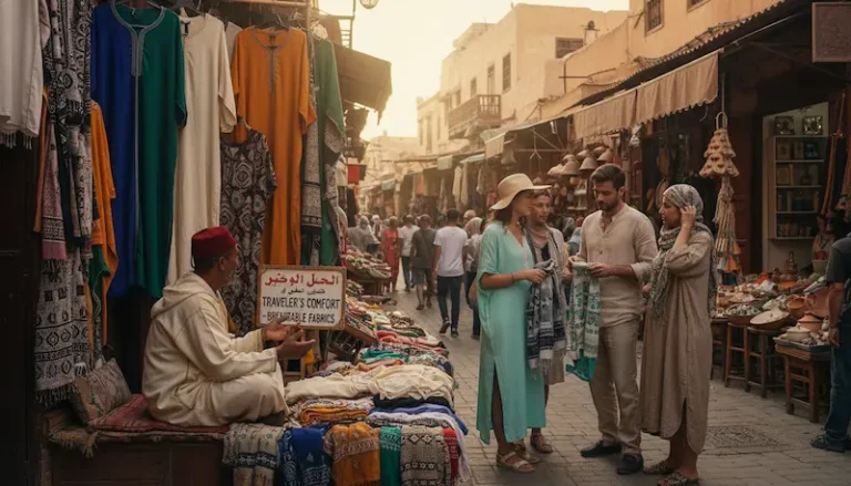 A vibrant outdoor market scene in Morocco showcasing breathable fabrics suitable for travel. In