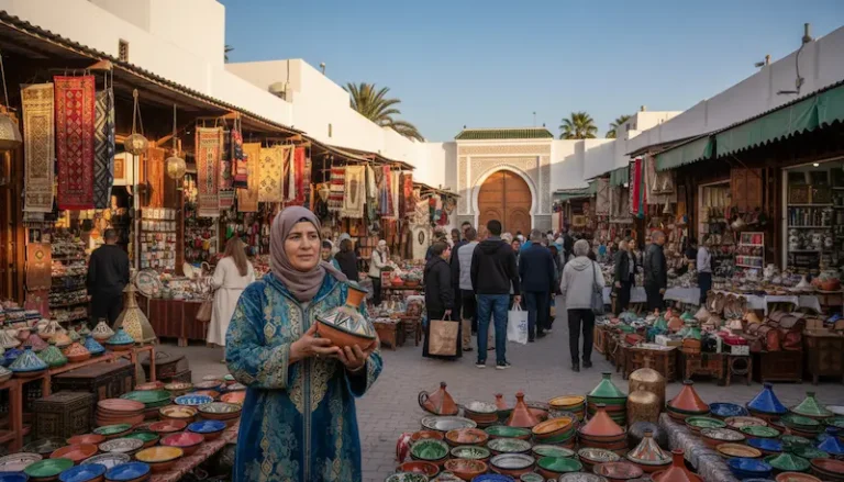 A vibrant scene of a Moroccan artisan shopping at local boutiques in a bustling market. In the