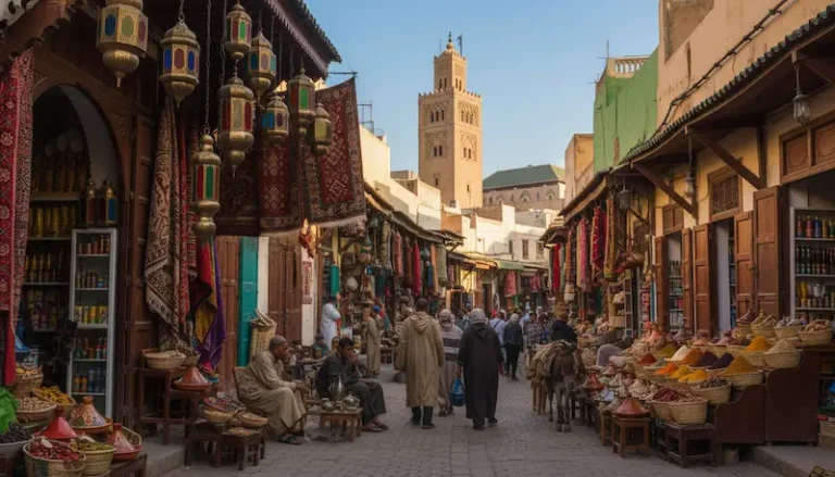 A vibrant scene of the Old Medina Quarter in Casablanca showcasing intricate colorful Moroccan