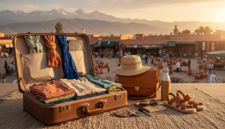 A well organized travel scene showcasing smart packing layers for a trip to Morocco. In the