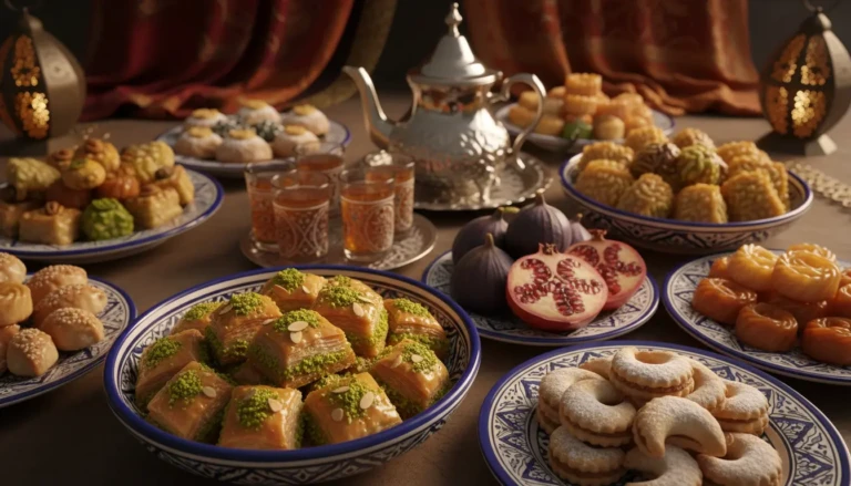 a beautifully arranged moroccan dessert table featuring an array of traditional sweets like