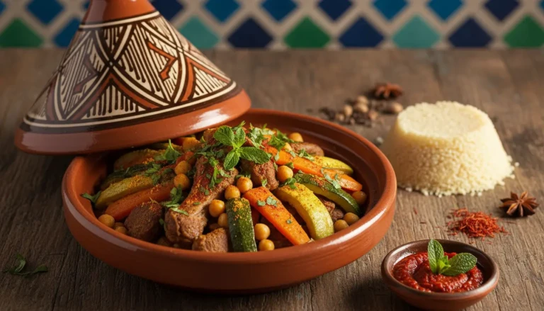 a beautifully arranged moroccan tagine showcasing vibrant layers of slow cooked lamb and