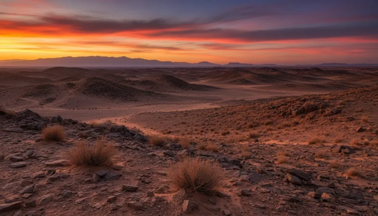 a breathtaking agafay desert landscape at sunset showcasing the rugged stony terrain