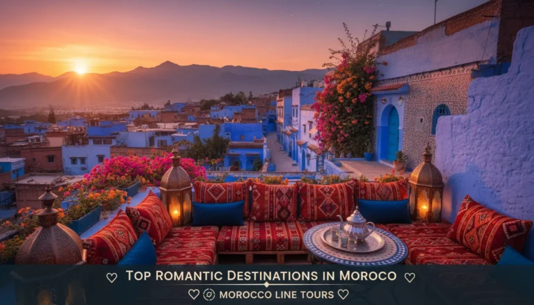 a breathtaking view of a romantic sunset over the iconic blue streets of chefchaouen