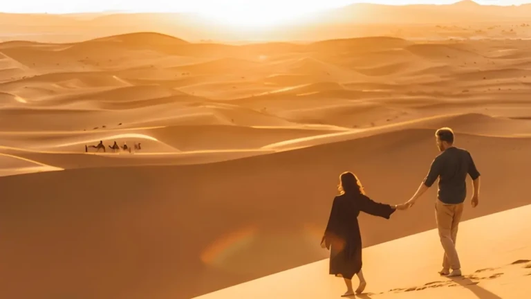 a couple enjoying honeymoon in morocco desert