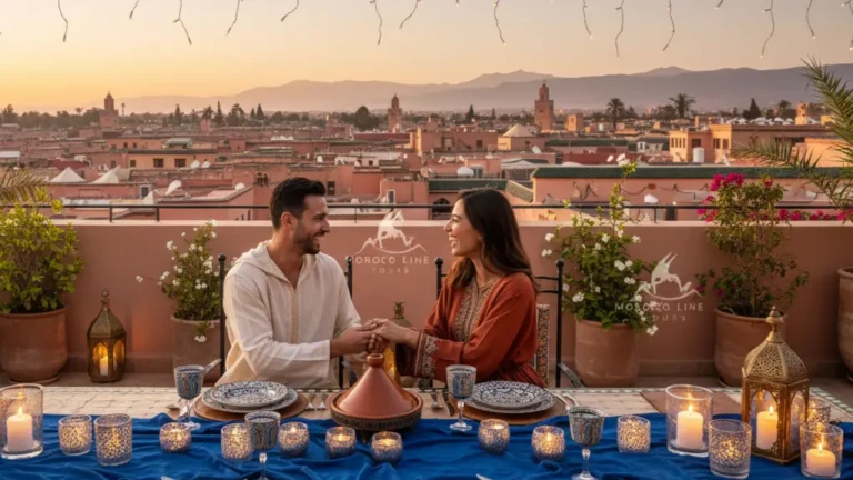 a couple sitting luxury rooftop dinner in marrakech morocco