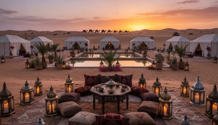 a luxurious camp in the agafay desert at sunset showcasing elegant white canvas tents adorned