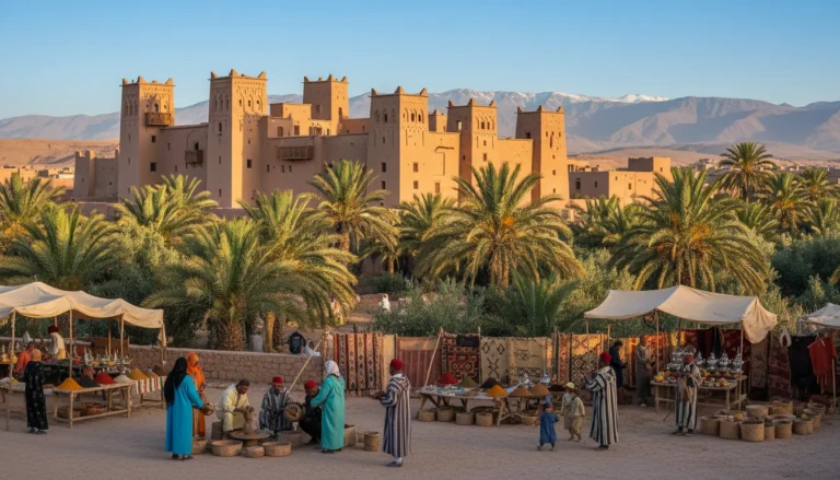 a majestic kasbah rising prominently against a clear blue sky showcasing its earthen walls