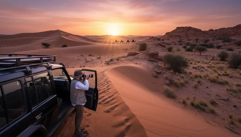 a picturesque desert travel scene showcasing the contrasting landscapes of the agafay and sahara