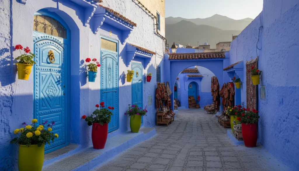 a serene street scene in chefchaouen morocco showcasing its iconic blue washed buildings in