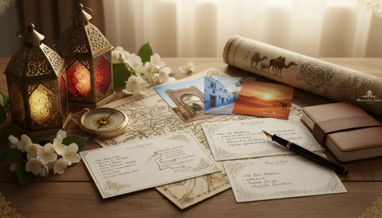 a stunning flat lay of a romantic morocco honeymoon itinerary