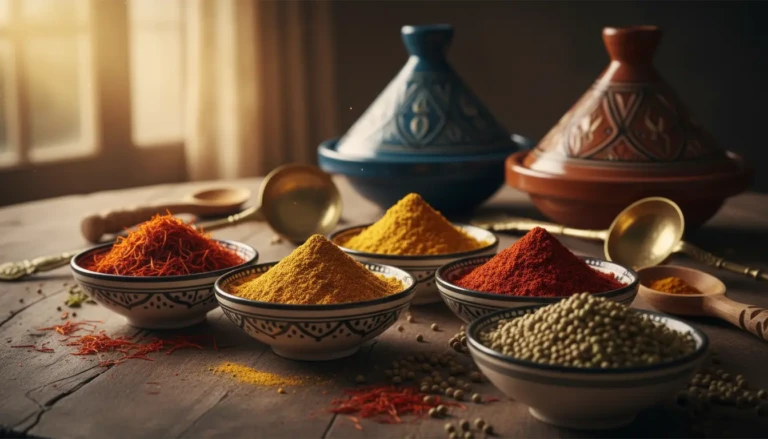 a vibrant assortment of moroccan spices laid out in an artistic arrangement on a rustic wooden