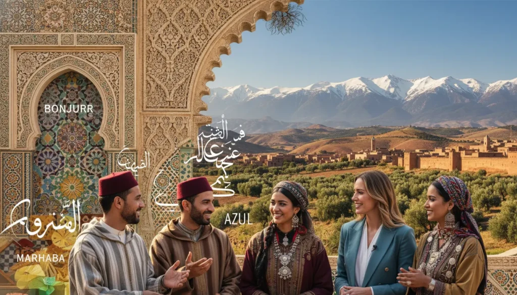 a vibrant collage illustrating the languages spoken in morocco featuring a rich tapestry of