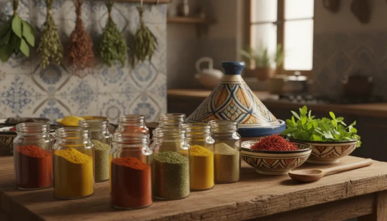 a vibrant display of moroccan spices arranged artfully on a rustic wooden kitchen countertop in