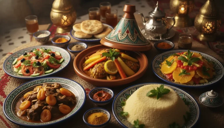 a vibrant moroccan dining table spread showcasing an array of traditional main dishes in the