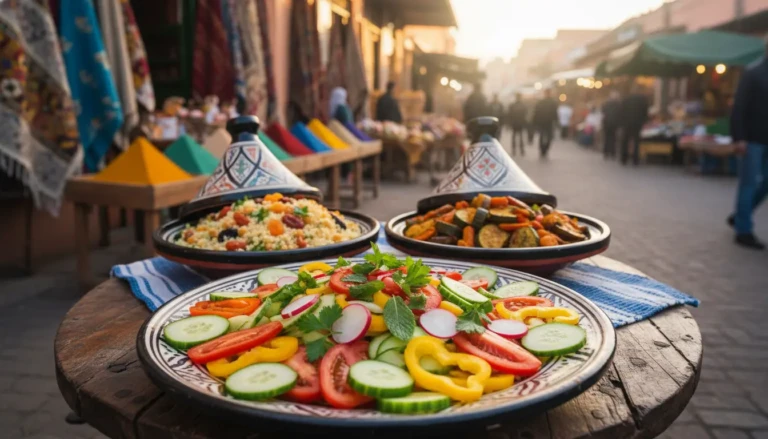 a vibrant moroccan vegetable salad spread featuring a variety of colorful and fresh