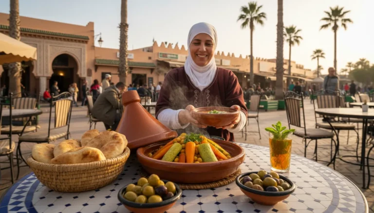 a vibrant outdoor moroccan restaurant setting in agadir showcasing an array of traditional