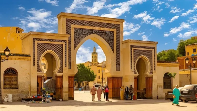 a vibrant scene capturing the essence of fes morocco featuring the blue gate