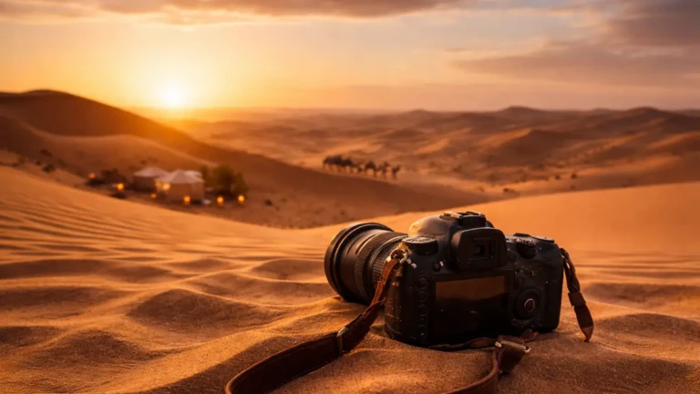 camera at sunset in morocco desert