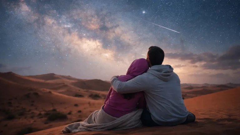 couple sitting on dunes watching stars in morocco sahara desert