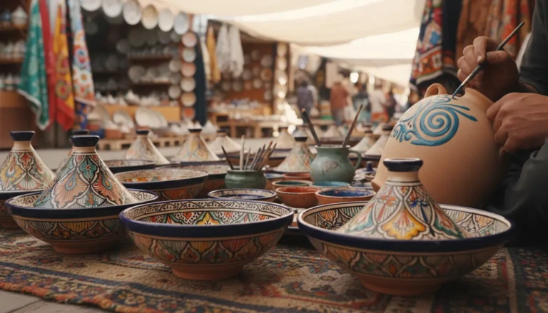 a beautifully arranged collection of moroccan pottery displayed on a colorful woven rug