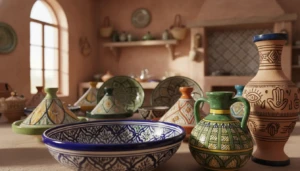 a beautifully arranged display of various moroccan pottery styles showcasing vibrant colors and